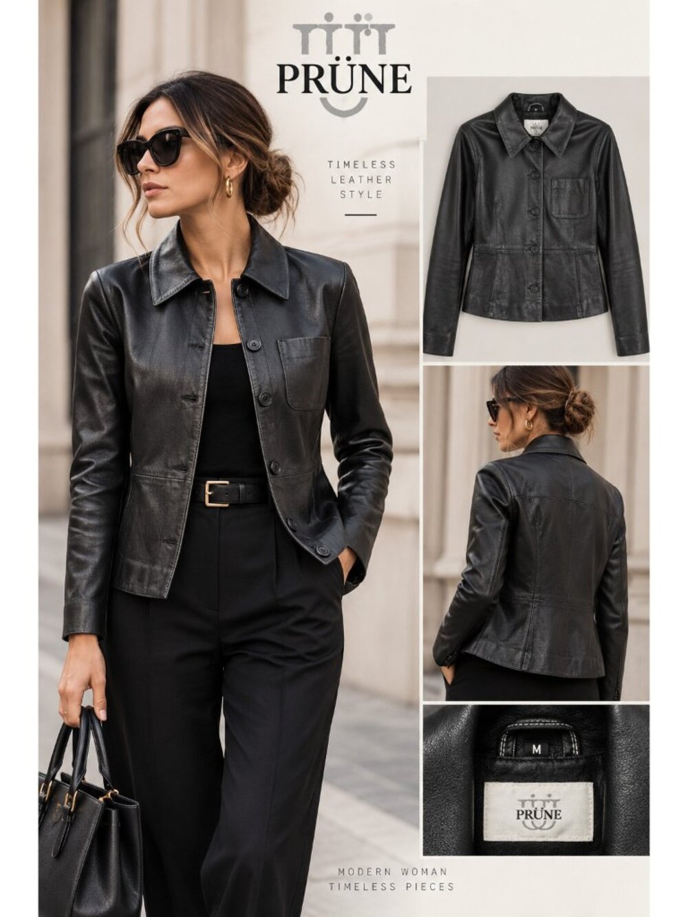 Prüne Genuine Leather Black Button Front Jacket Size M Contrast Stitching